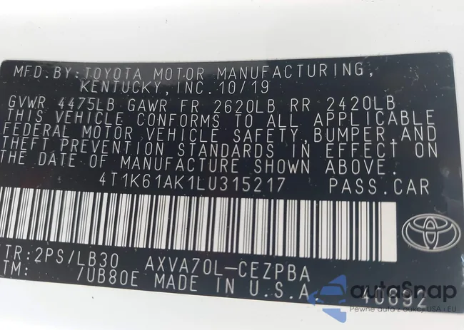 4T1K61AK1LU315217: 42437656