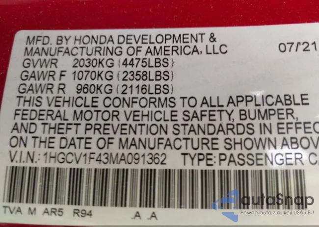 1HGCV1F43MA091362: 42439320