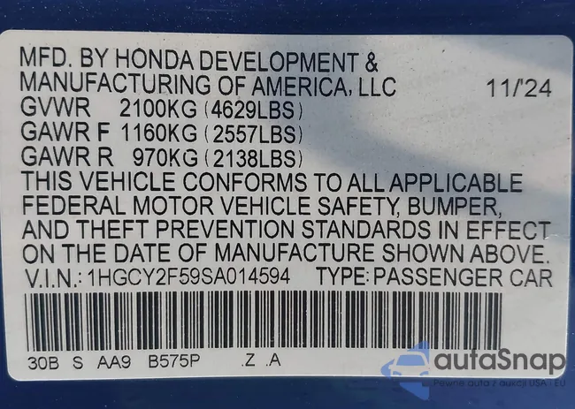 1HGCY2F59SA014594: 42445335