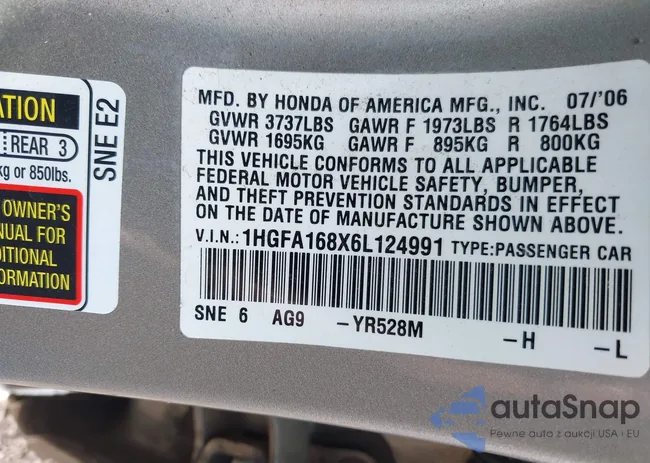 1HGFA168X6L124991: 42452200