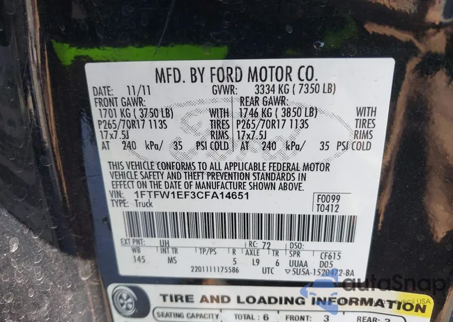 1FTFW1EF3CFA14651: 42455225