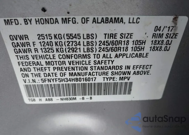 5FNYF5H34HB016017: 42454472