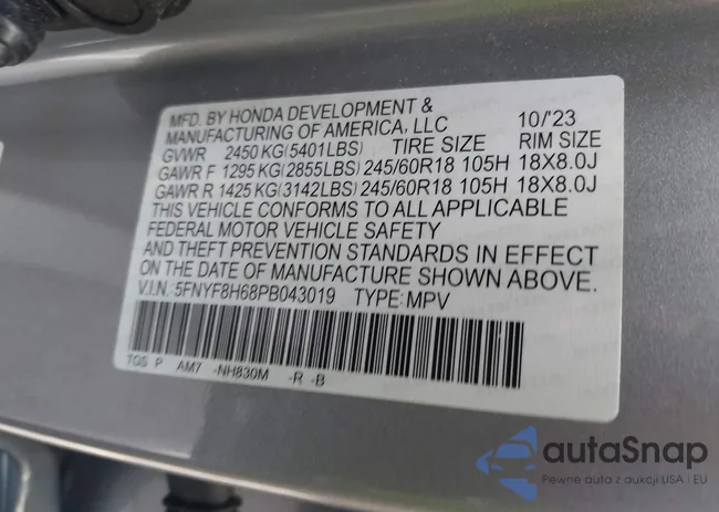 5FNYF8H68PB043019: 42456931