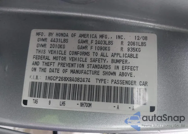 1HGCP268X9A082474: 42456510