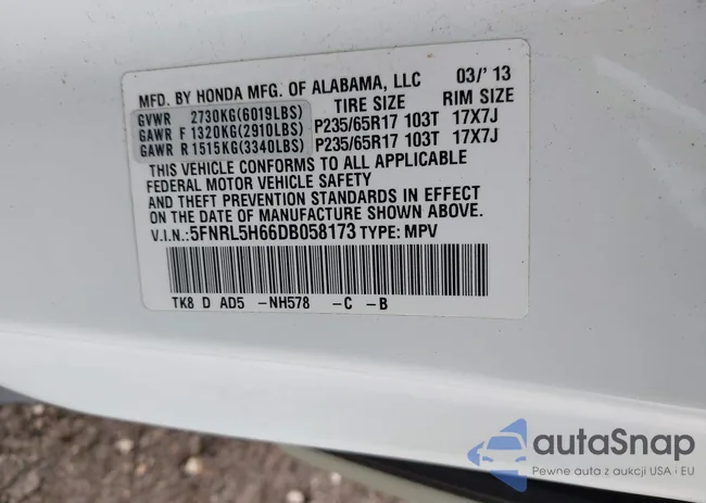 5FNRL5H66DB058173: 42458145