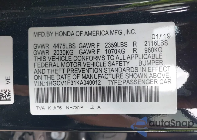 1HGCV1F31KA040012: 42457528