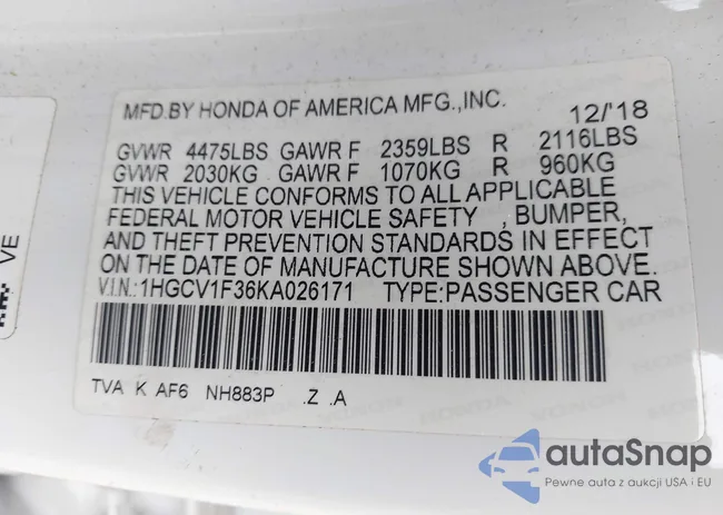 1HGCV1F36KA026171: 42461323