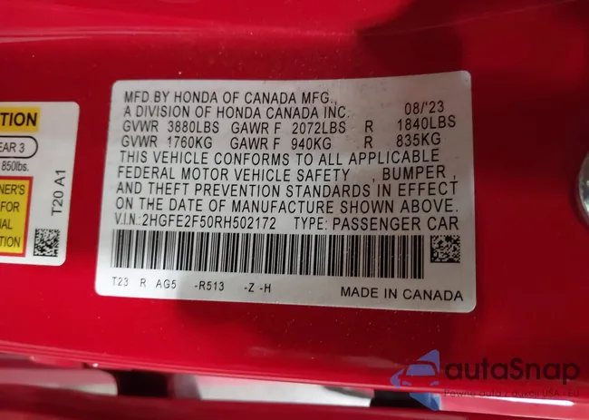 2HGFE2F50RH502172: 42461678