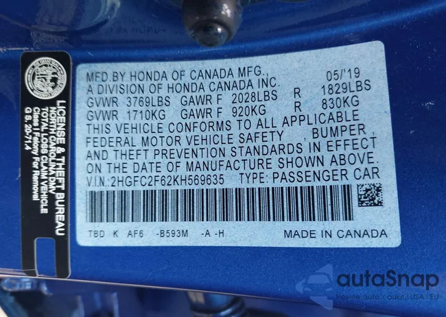 2HGFC2F62KH569635: 42462723