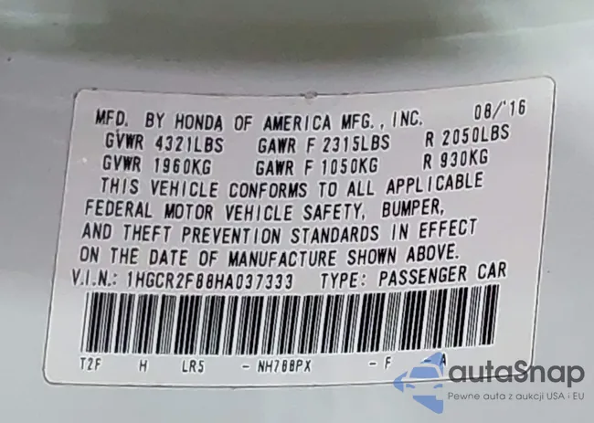 1HGCR2F88HA037333: 42466604