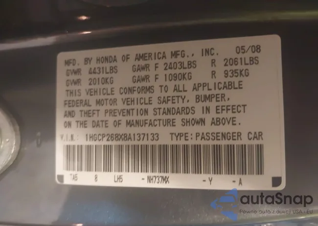 1HGCP268X8A137133: 42468421