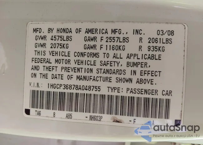 1HGCP36878A048755: 42468461