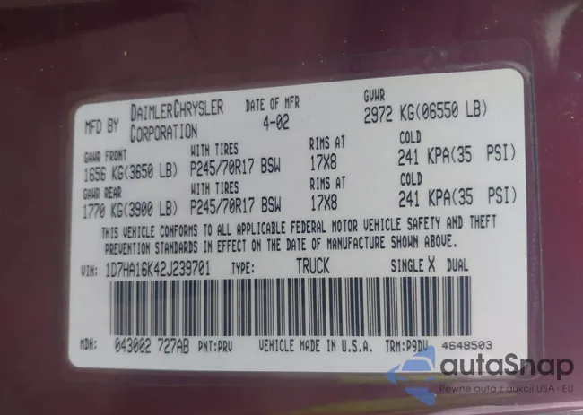 1D7HA16K42J239701: 42471833