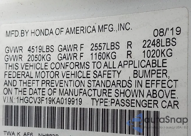 1HGCV3F19KA019919: 42474916