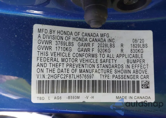 2HGFC2F87LH576597: 42474530