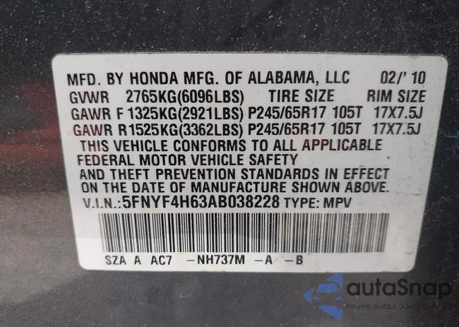 5FNYF4H63AB038228: 42477484