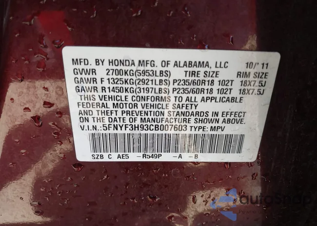 5FNYF3H93CB007603: 42478425