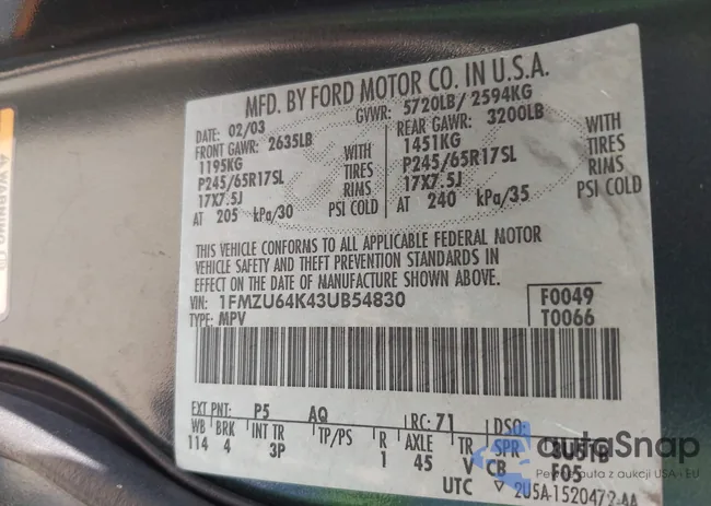 1FMZU64K43UB54830: 42489012