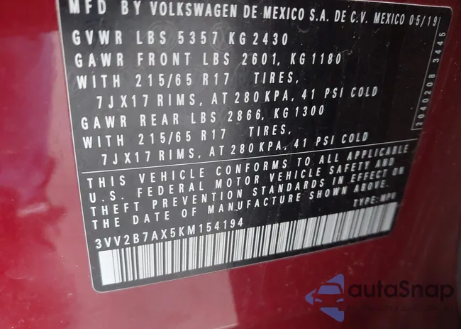 3VV2B7AX5KM154194: 42491232