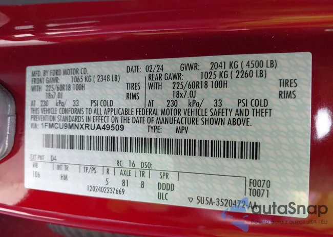 1FMCU9MNXRUA49509: 42492027