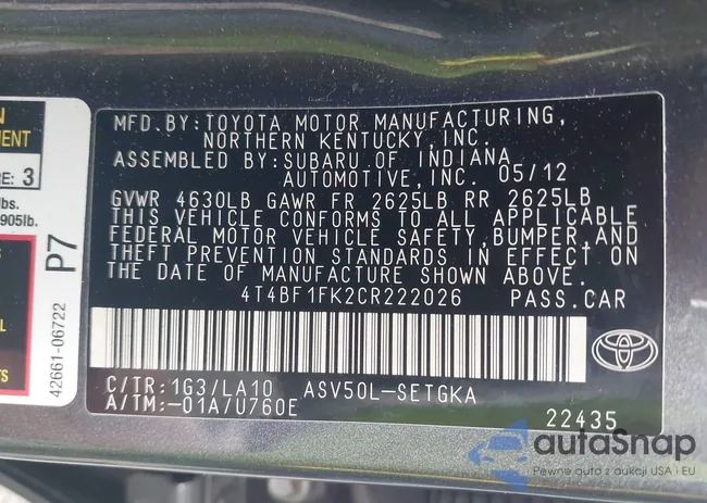 4T4BF1FK2CR222026: 42492494