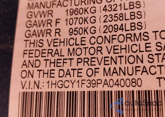 1HGCY1F39PA040080: 42495702