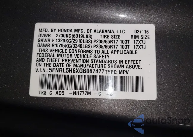 5FNRL5H6XGB067477: 42495833