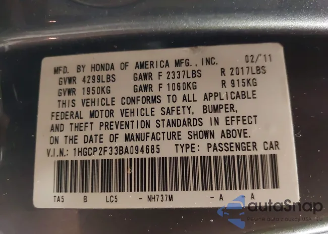 1HGCP2F33BA094685: 42496246