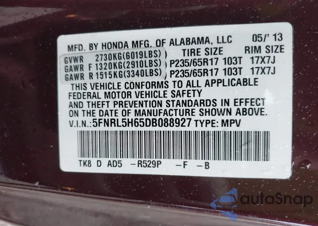 5FNRL5H65DB088927: 42497235