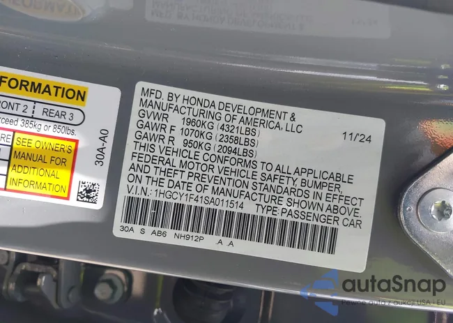 1HGCY1F41SA011514: 42497628