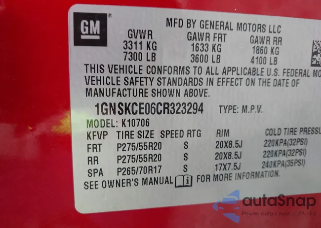 1GNSKCE06CR323294: 42500910