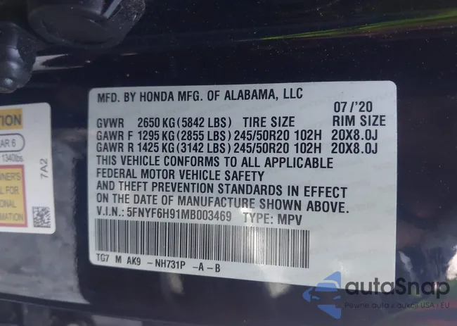 5FNYF6H91MB003469: 42502105