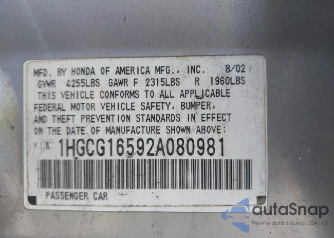 1HGCG16592A080981: 42502122