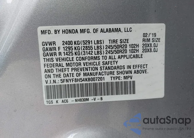 5FNYF8H54KB007201: 42502570