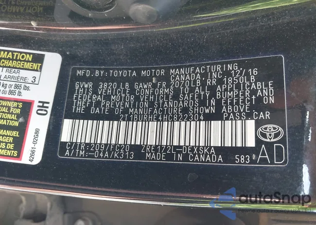 2T1BURHE4HC822304: 42504726