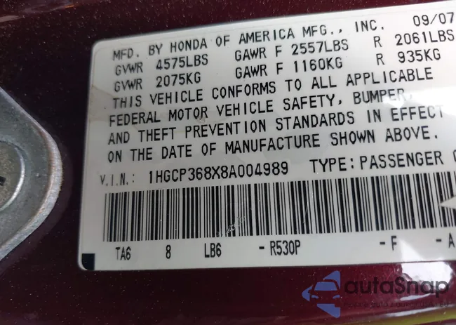 1HGCP368X8A004989: 42505157