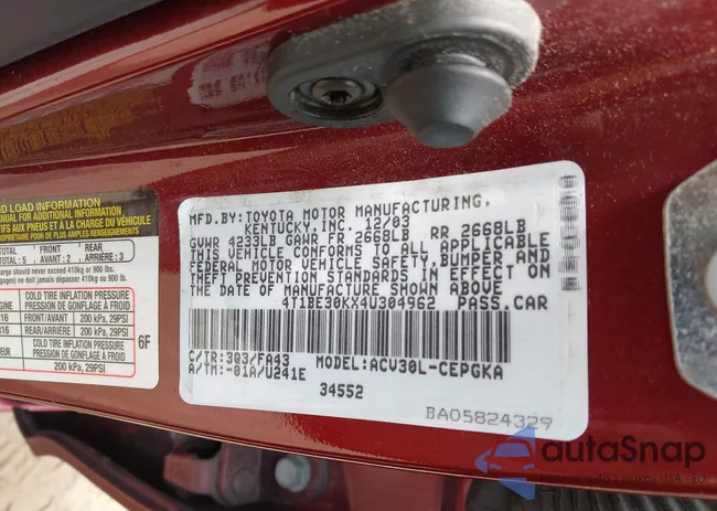 4T1BE30KX4U304962: 42505967