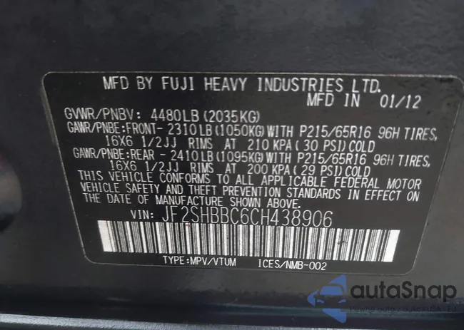 JF2SHBBC6CH438906: 42506062