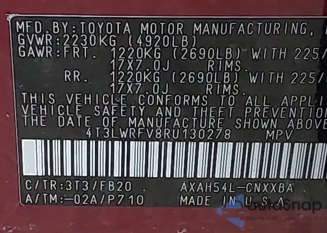 4T3LWRFV8RU130278: 41509983