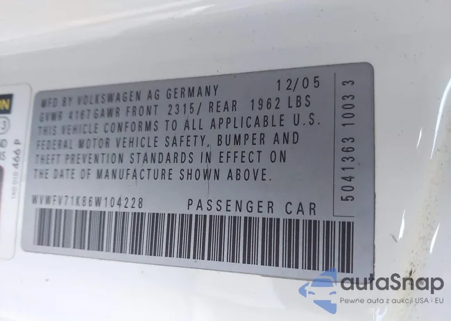 WVWFV71K86W104228: 41509687