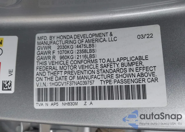 1HGCV1F37NA039757: 41556889