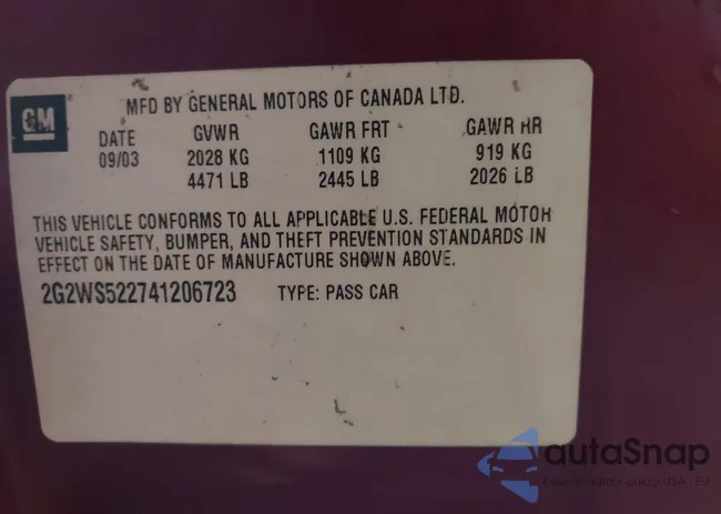 2G2WS522741206723: 41567357