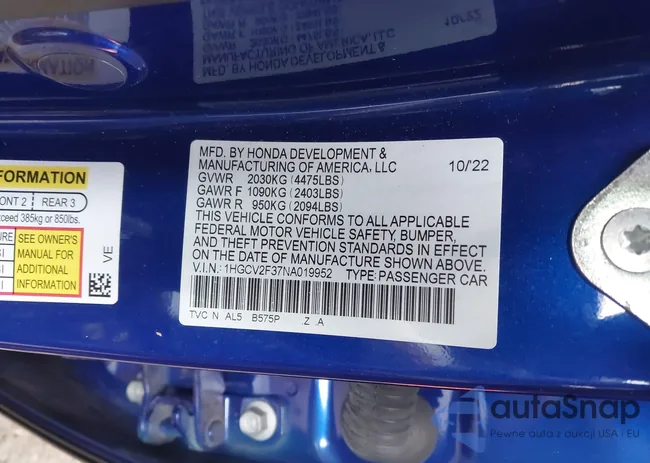 1HGCV2F37NA019952: 41581953