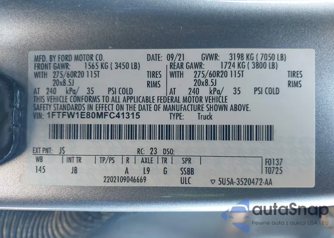 1FTFW1E80MFC41315: 41593590