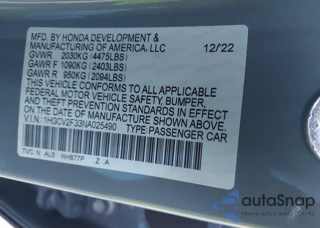 1HGCV2F33NA025490: 41607040