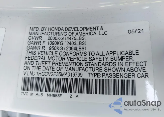 1HGCV2F35MA019799: 41626012