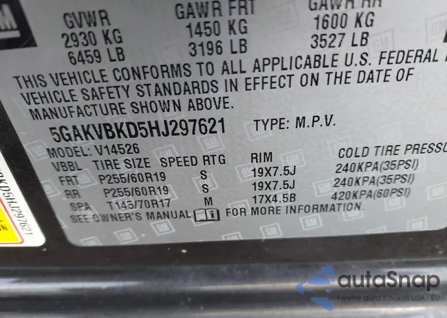 5GAKVBKD5HJ297621: 41651811