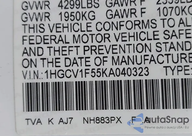 1HGCV1F55KA040323: 41689228