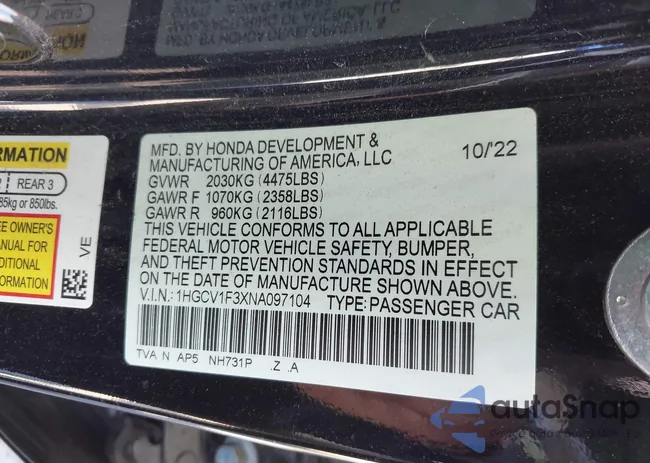 1HGCV1F3XNA097104: 41701321