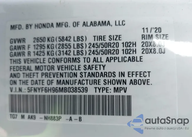 5FNYF6H96MB038539: 41704082